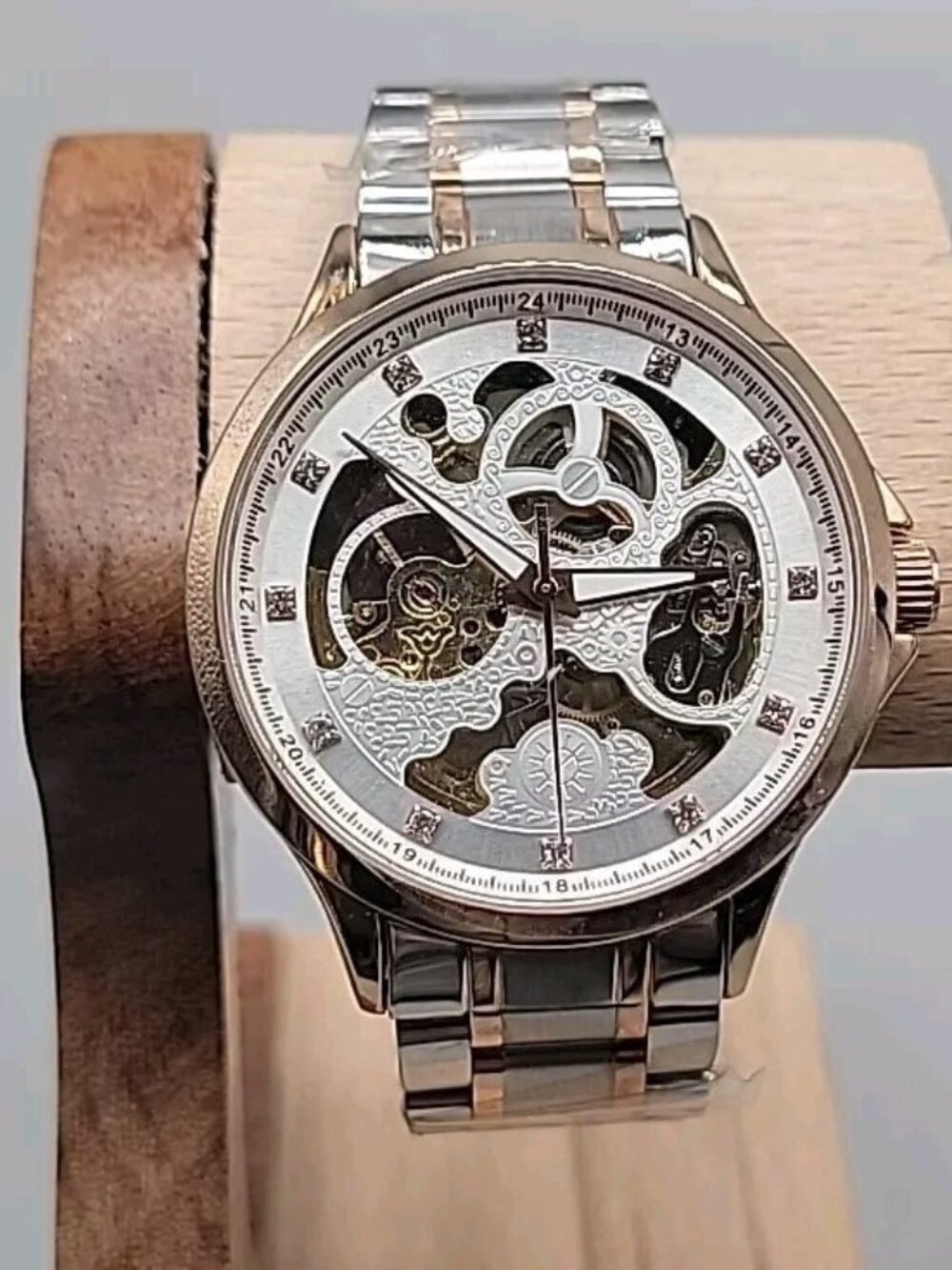 Luminous Mens Skeleton Automatic Watch 42mm T22k Gold Plated Diamond Markers
